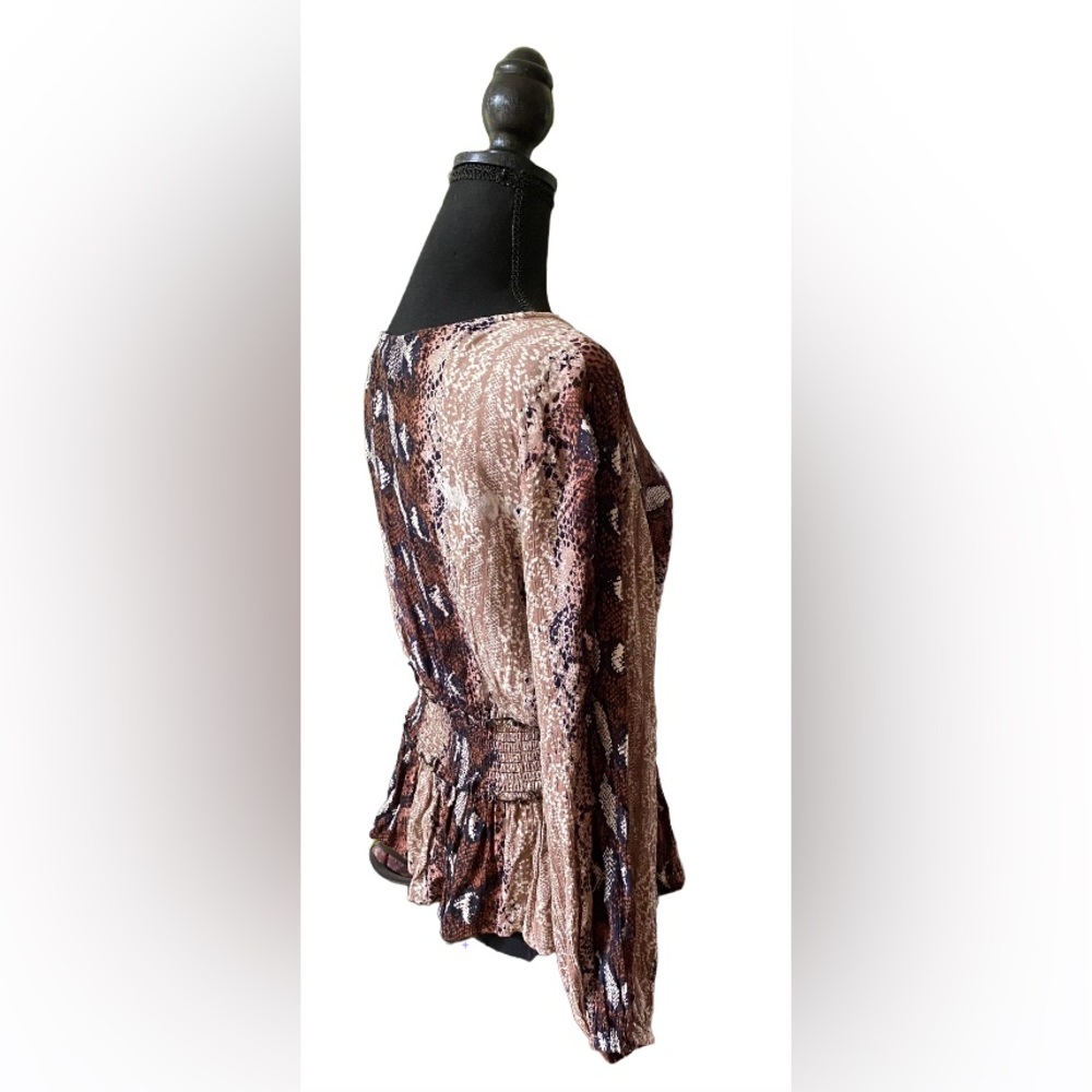 Angie: Brown, Black, Tan and White 100% Rayon Boho Snakeskin Blouse - Picture 5 of 17